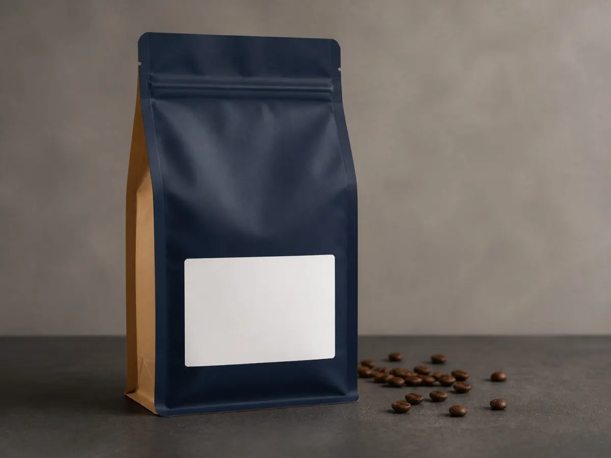 Coffee retail pouch with a clear barcode label
